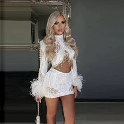 High Fashion White Woman Party Dress O-neck Feather Lace Baeds 2 Pieces Short Length Prom Dresses Sexy White Custom Made