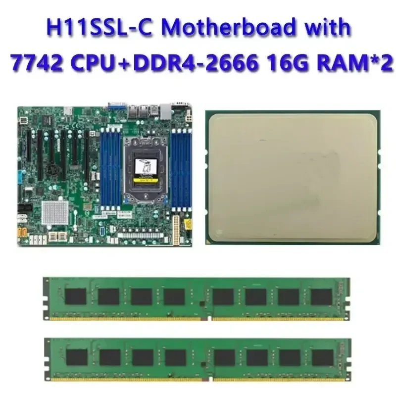 H11SSL-C REV2.0 Motherboard Socket SP3 Cooler  /  EPYC 7742 64C/128T 180W TDP CPU Processor  / 2* 16GB =32GB DDR4 2666mhz RAM Me