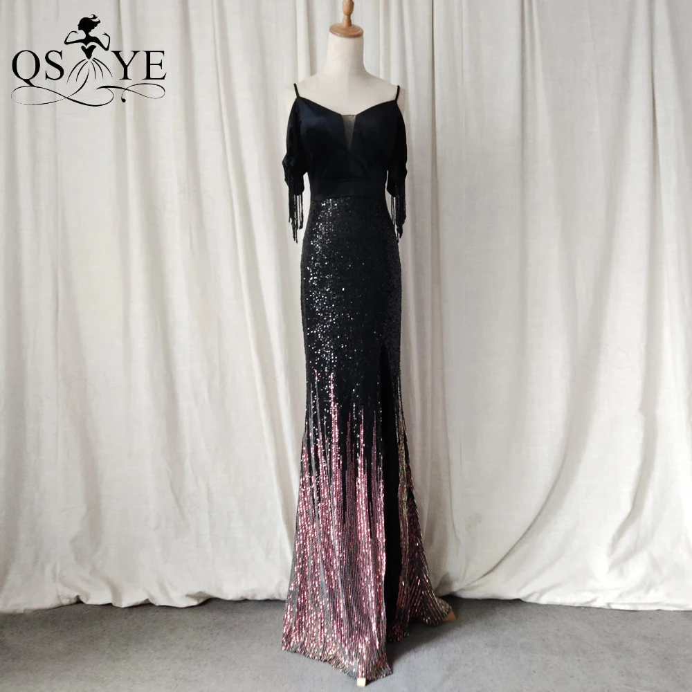 

Sexy Black Velvet Evening Dresses Mermaid Beading Side Sleeves Fade Sequin Prom Gown Spaghetti Straps Formal Party Gown Slit New