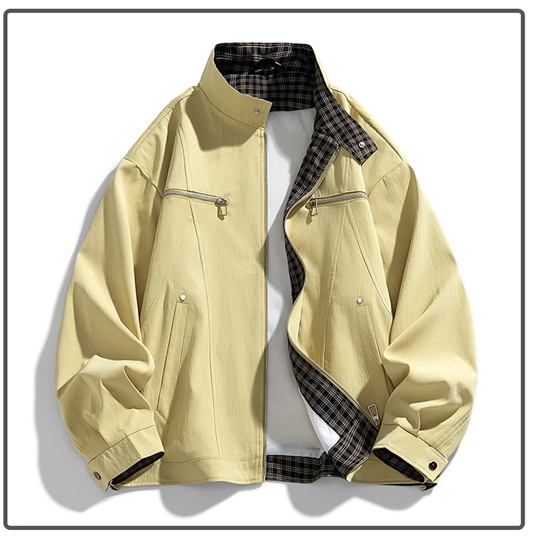Herren Stehkragen-Freizeitjacke – Einfarbige, locker sitzende Windjacke mit Reißverschluss und Karofutter, Streetwear-Oberbekleidung – Detail 12