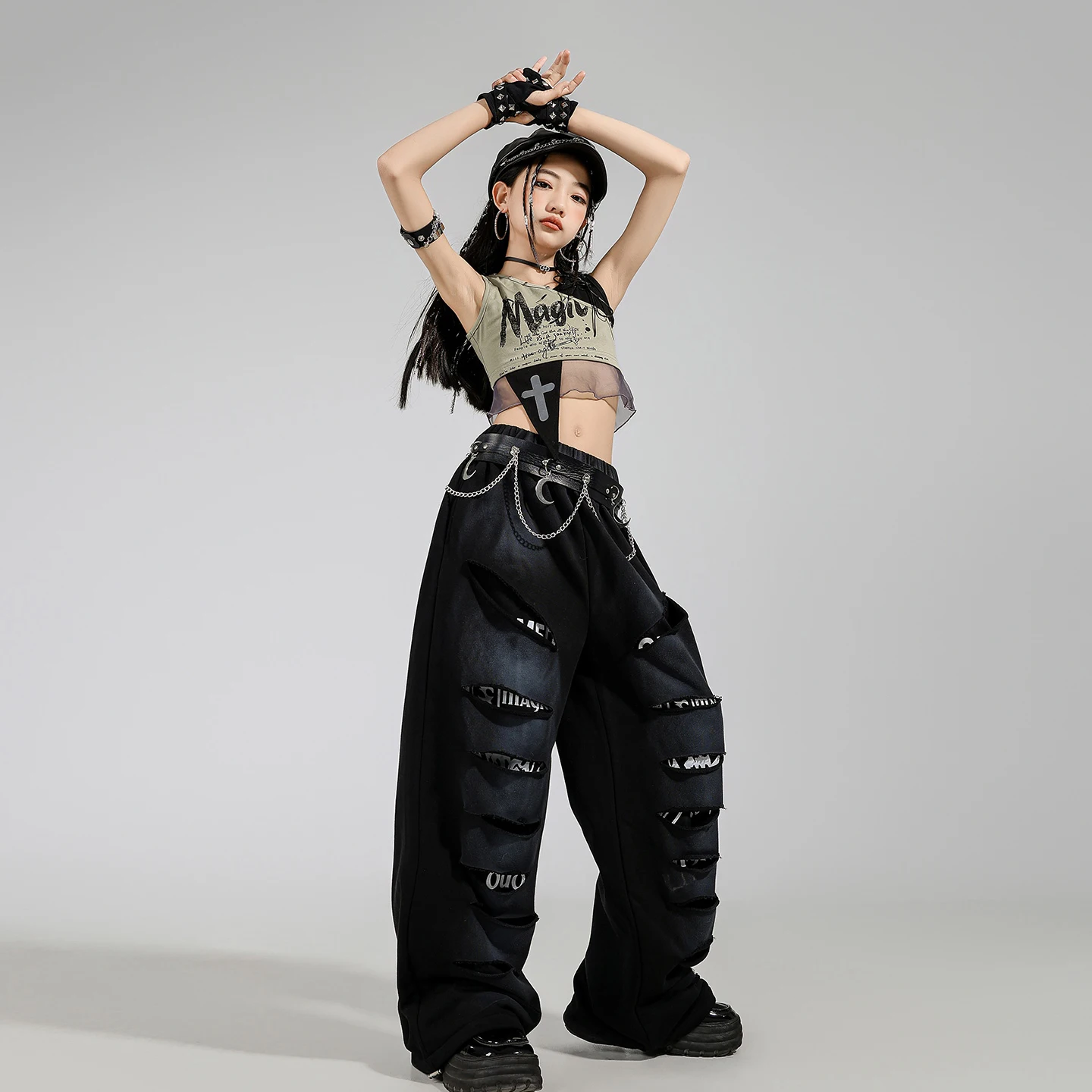 Children Kpop Jazz Dance Clothes Navel Tops Ripped Pants Summer Sleeveless Hip Hop Costume Concert Stage Outfit Rave Wear L16643