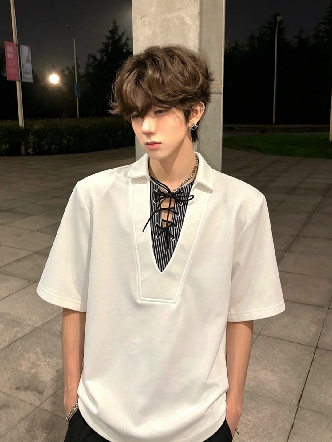 Shoulder Pad Fake Two-Piece V-Neck Short Sleeve Men's Summer T-Shirt CleanFit  Hair Stylist Casual Loose Fit Breathable