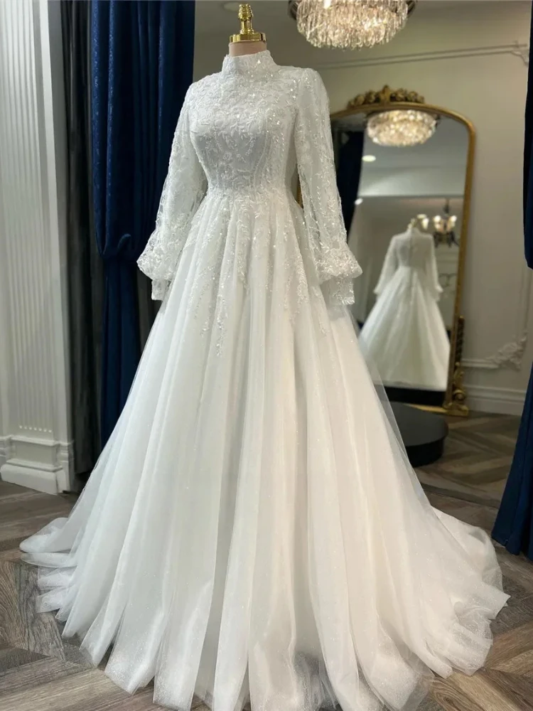 Maßgeschneiderte A-Linien-Spitzen-Brautkleider für muslimische Frauen, Vintage-Stil, hoher Kragen, lange Ärmel, Brautkleid, Roben