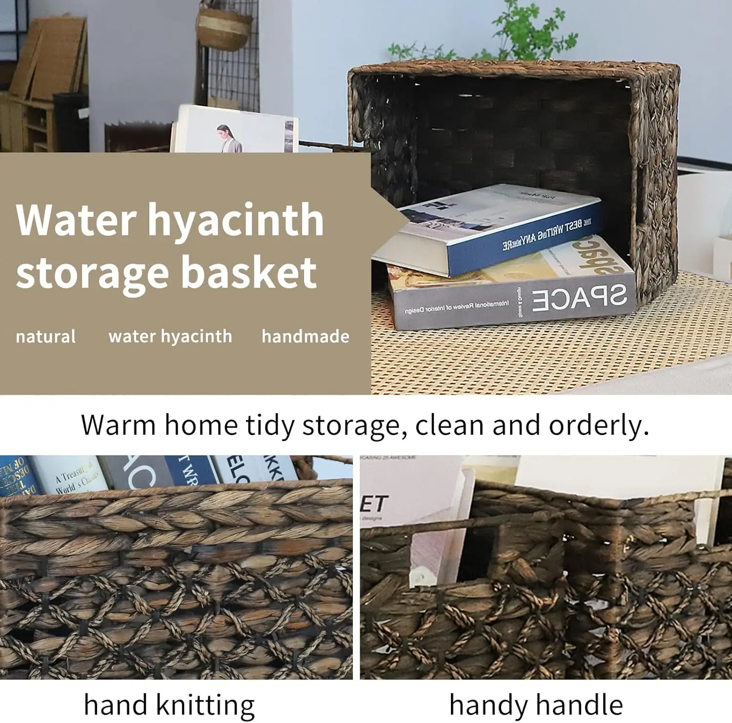 Large Woven Storage Basket with Handles, Natural Water Hyacinth Rectangular Box for Home Organization