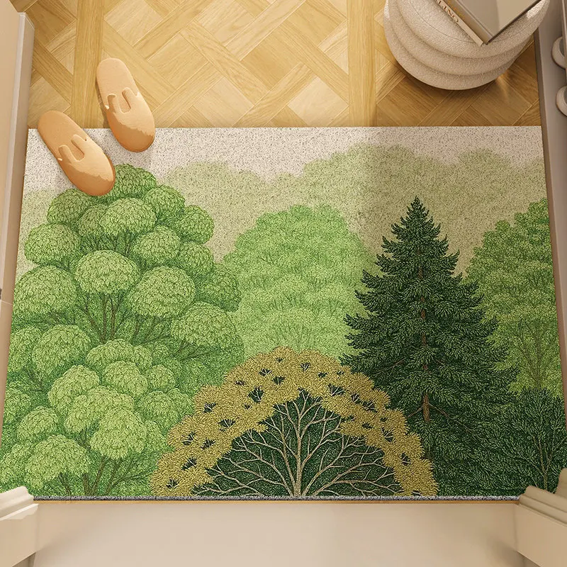 Green Forest Landscape PVC Coil Doormat Anti-slip Cuttable Thick Sand & Dirt Trapping Shoe Scraper Entrance Rug Decor Floor Mat