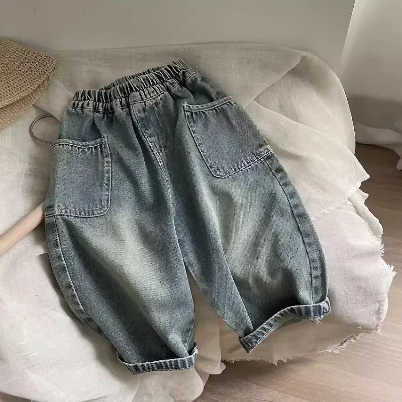 2024 New Casual and Comfortable Pants Little Kids with Stylish Side Pockets Ground White Boy Jeans MINISO Spring