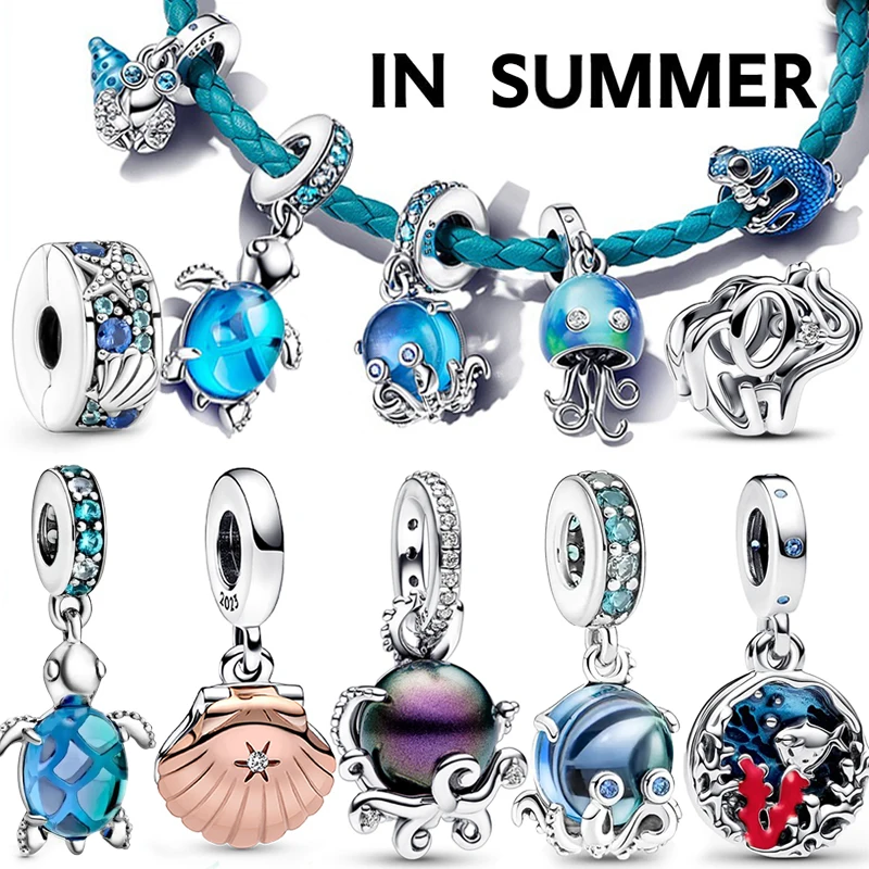 Ocean Series 925 Sterling Silver Murano Glass Sea Turtle Dangle Charm Fit Pandora Bracelet Starfish Shell Charm DIY Jewelry Gift