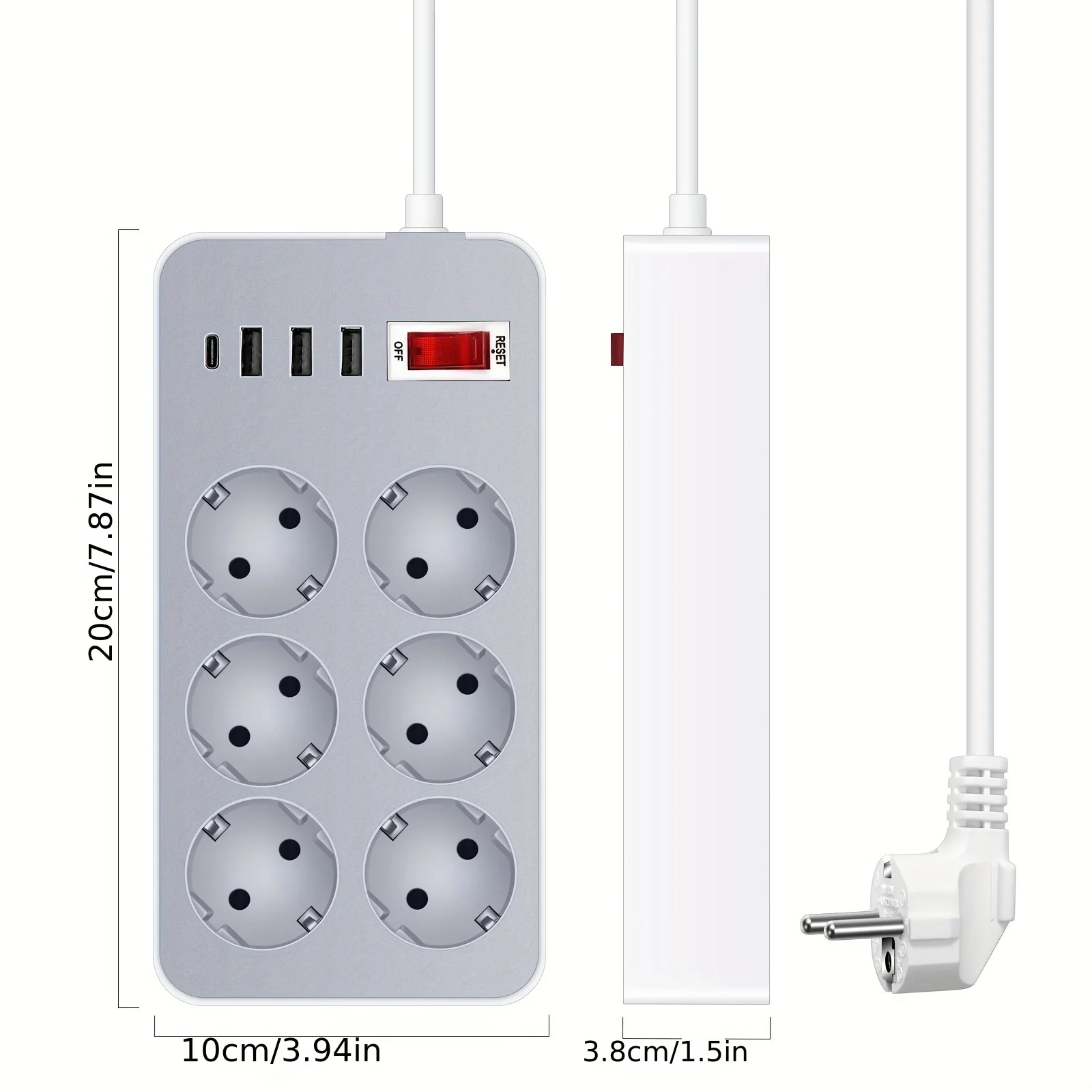 10-In-1 European Standard Power Strips With 3 USB 1 Type-C, Surge Protector With Switch Control For Dorm, Office, Home Lightning