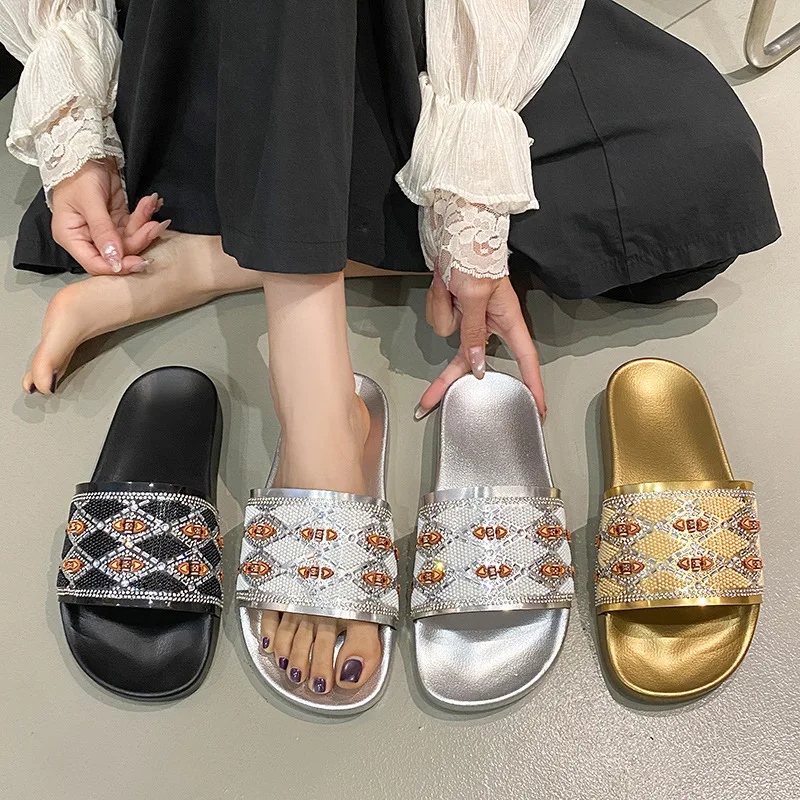 

Womens Slides House Slippers Rhinestone Glitter Slides Cute bling Flat for Women Platform Sandals Cozy Bedroom Slippers Shower