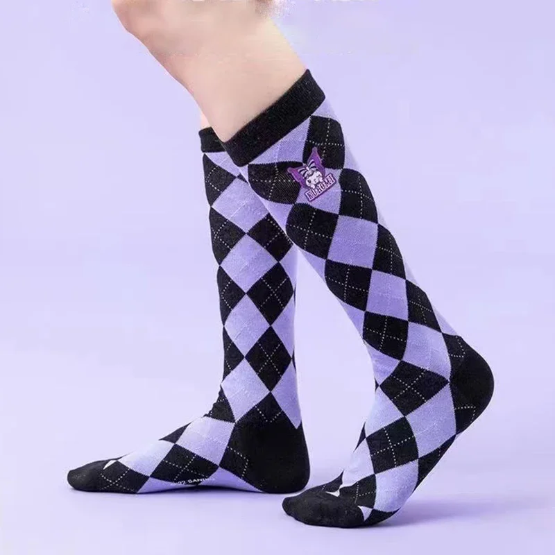 Kawaii Sanrio Kuromi Mymelody Calf Socks Cartoon Lovable In Tube Socks Jk Diamond Grid Style Girl Birthday Gift For Girlfriend