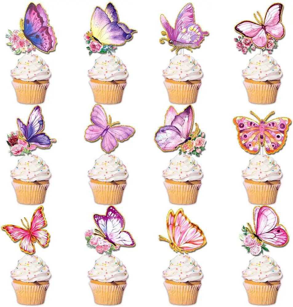 Schmetterlings-Cupcake-Topper mit Schmetterlingsmotiv für Frauen, Geburtstag, Frühlingsfeier, Dekorationen, rosa und lila Schmetterlings-Cupcake-Topper