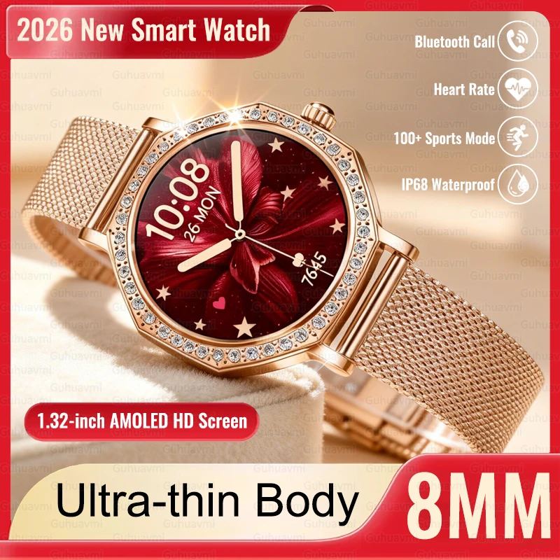 

2026 New 8mm Ultra Slim AMOLED Smart Watch Women Screen Always Display Time Heart Rate BT Calling High-end Fashion Smartwatches