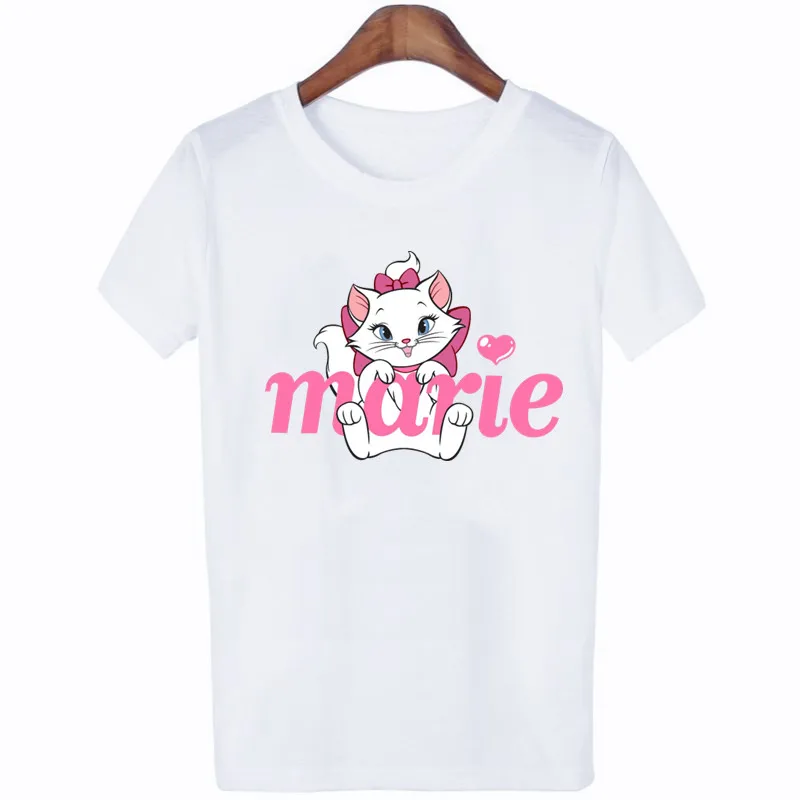 Cartoon Marie Cat Women\'s T-shirt Disney The Aristocats Graphic Print Summer Short Sleeve Summer Crew Neck Casual Top for Girls