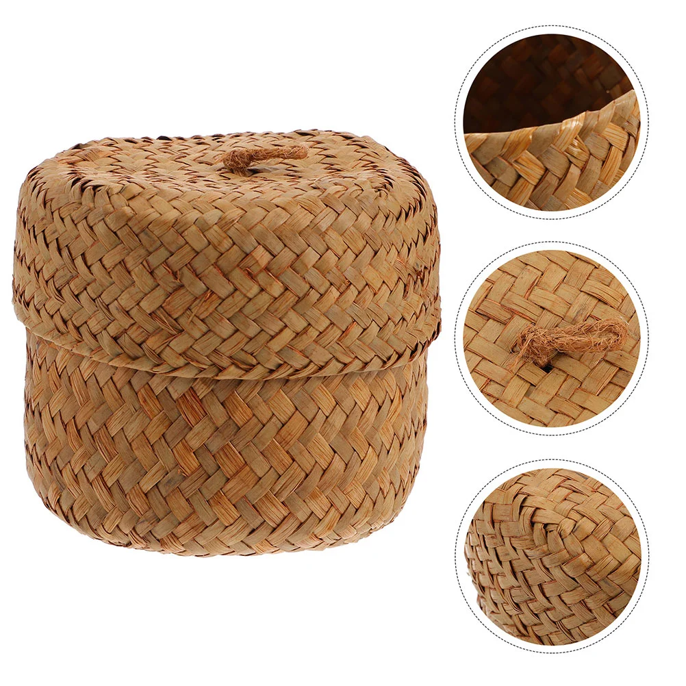 

2 Pcs Flower Box Woven Storage Case Seagrass Basket with Lid Lidded Bin Desktop Laundry Baskets