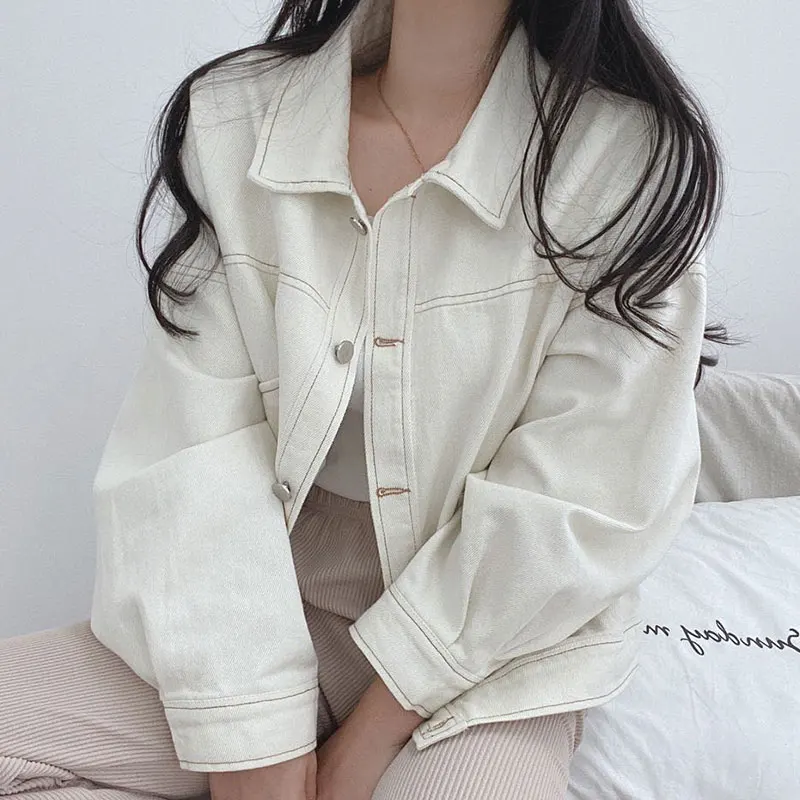 

Retro Chic Long Sve Collared Denim Jaet Women's Loose Fit Versatile Single Button Design Autumn Faion Outerwear