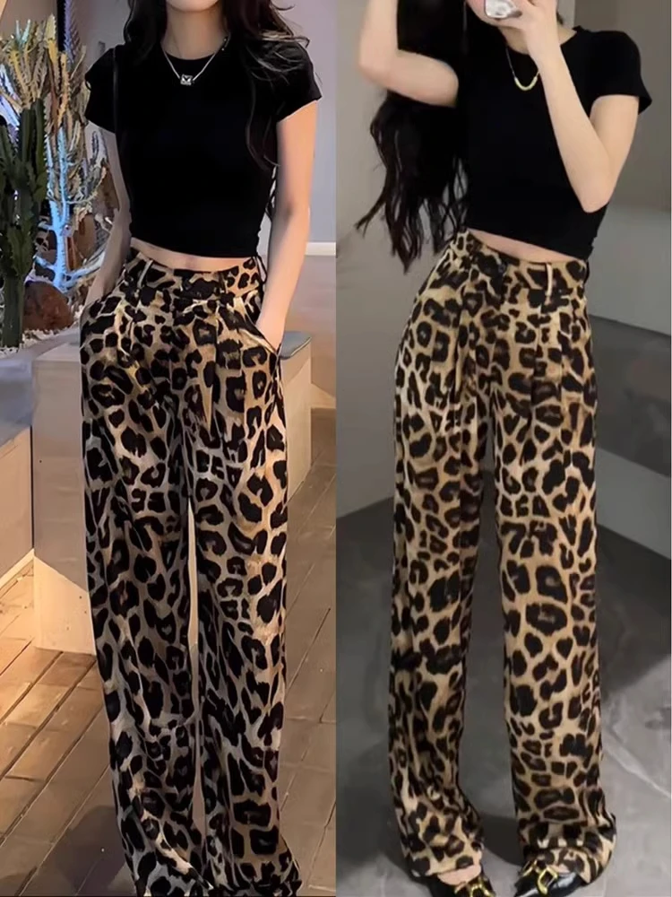 

Fashionable Slim Fit Satin Wide Leg Pants Leopard Print Casual High Waist Straight Cut Long Trousers Spring Autumn Stylish