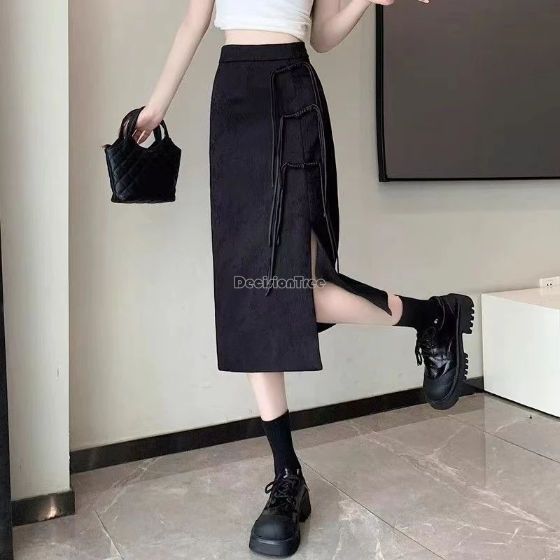 2024 national style half skirt women spring summer new high-waist slit skirt long new chinese plate buckle a-line skirt w640