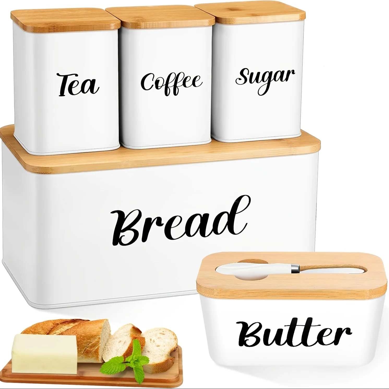 

Metal Bread Box And Ceramic Butter Dish with 3 Airtight Kitchen Canisters Farmhouse Storage Canister Set for Kitchen with Bamboo Cutting Board Lid And Stainless Steel Butter Knife (White)