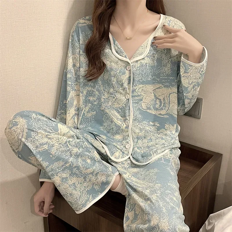 Women\'s Pajamas Set Plus Size Sleepwear Homewear Cardigan Long Sleeves Student Nightwear Loungewear Two-Piece Set Sweet Floral