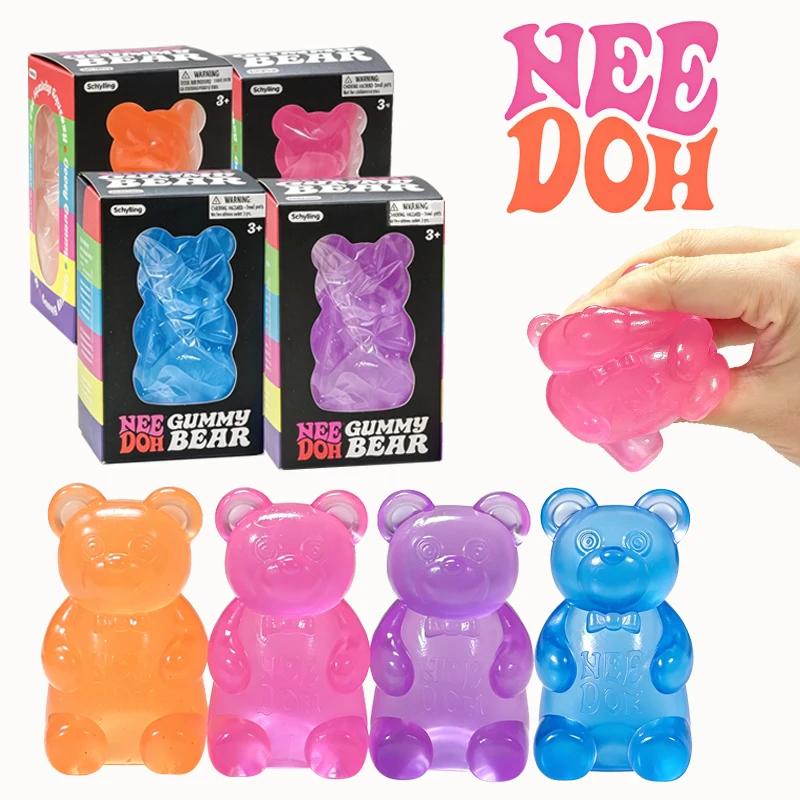 Schylling Needoh Gummy Bear Transparent Jelly Squishy Fidget Squeeze Toy TPR Soft Non-toxic Anti Anxiety Decompression Desk Toy