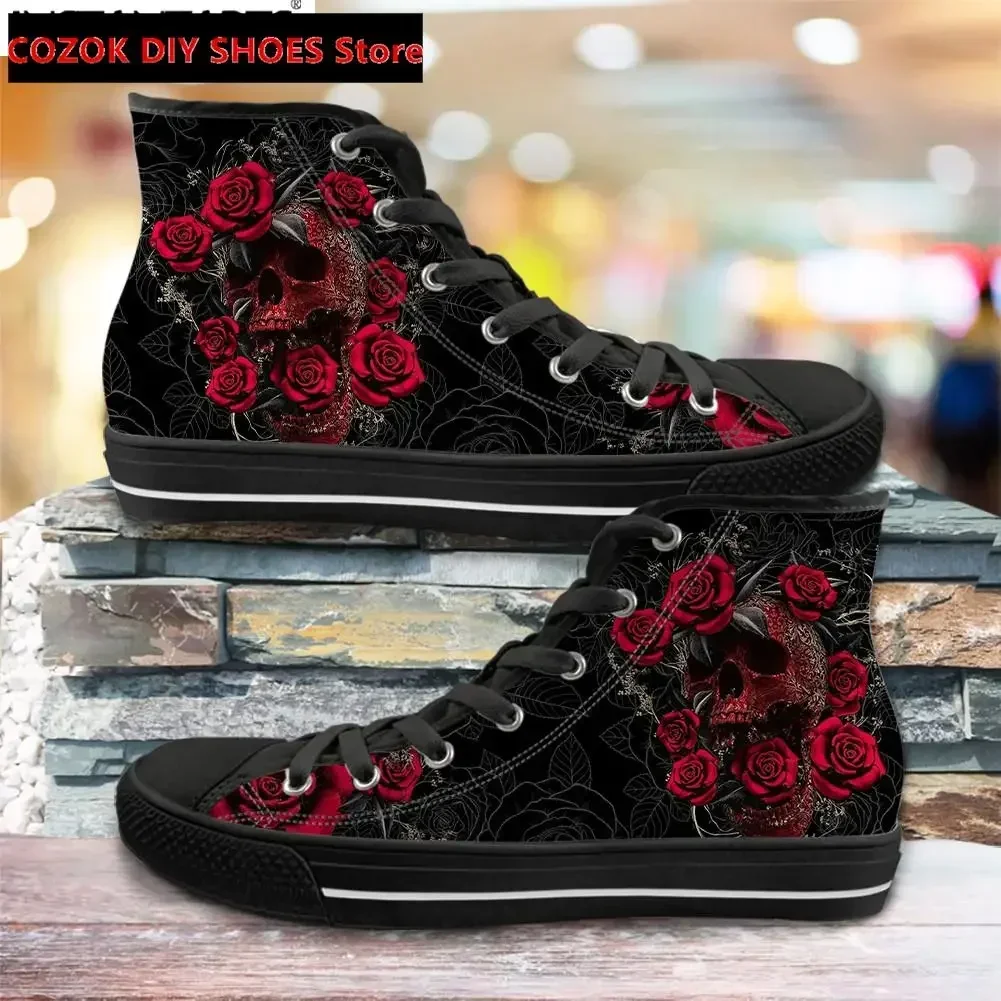 Classic High Top Canvas Shoes Sugar Rose Flower Skull Print Men's Vulcanized Shoes Punk Style Footwear Zapatos Mujer