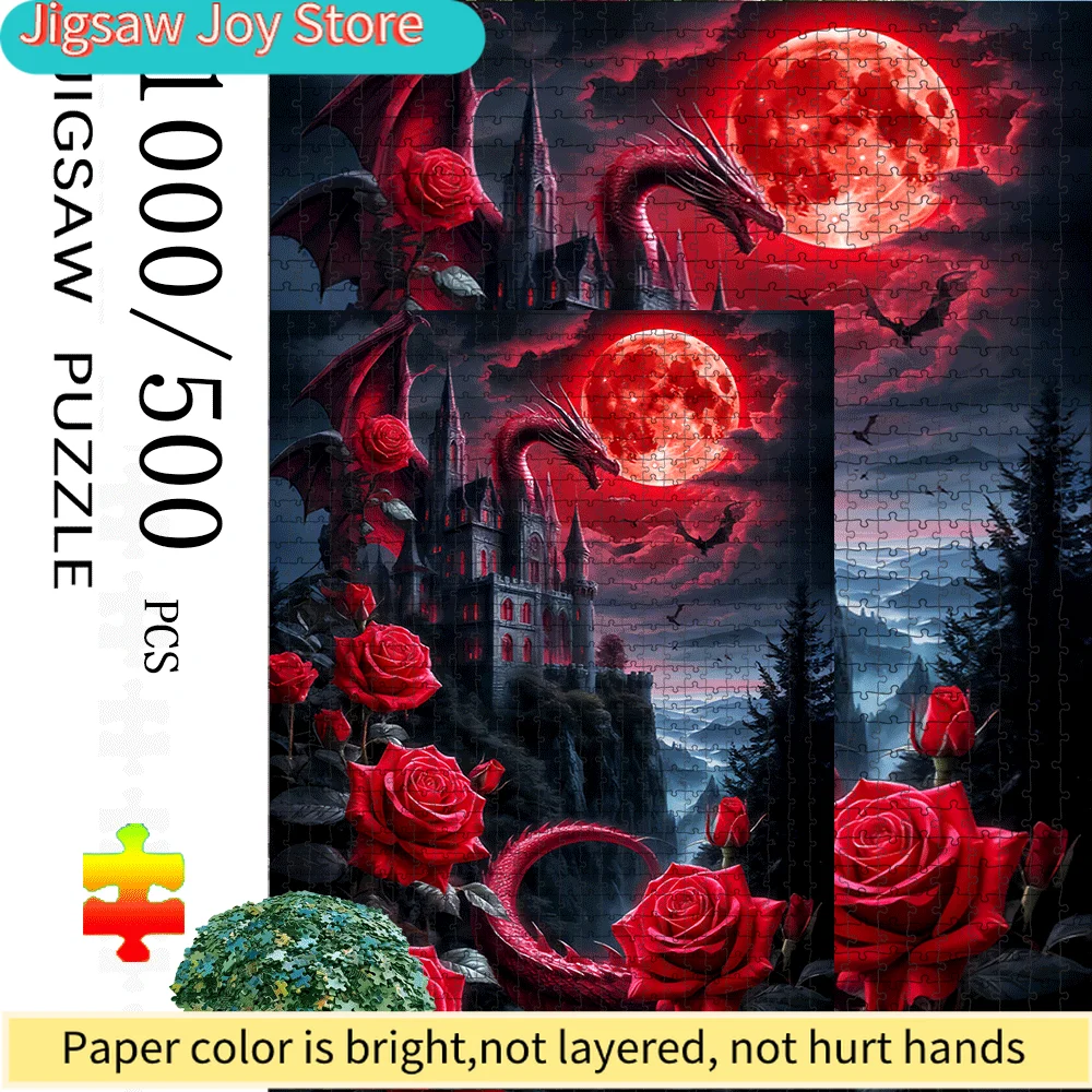 

1000/500pcs Dragon, Castle, Red Rose, Red, And Bat Paper Puzzles, Large Interactive Games for And Families, Home Decor Brain C