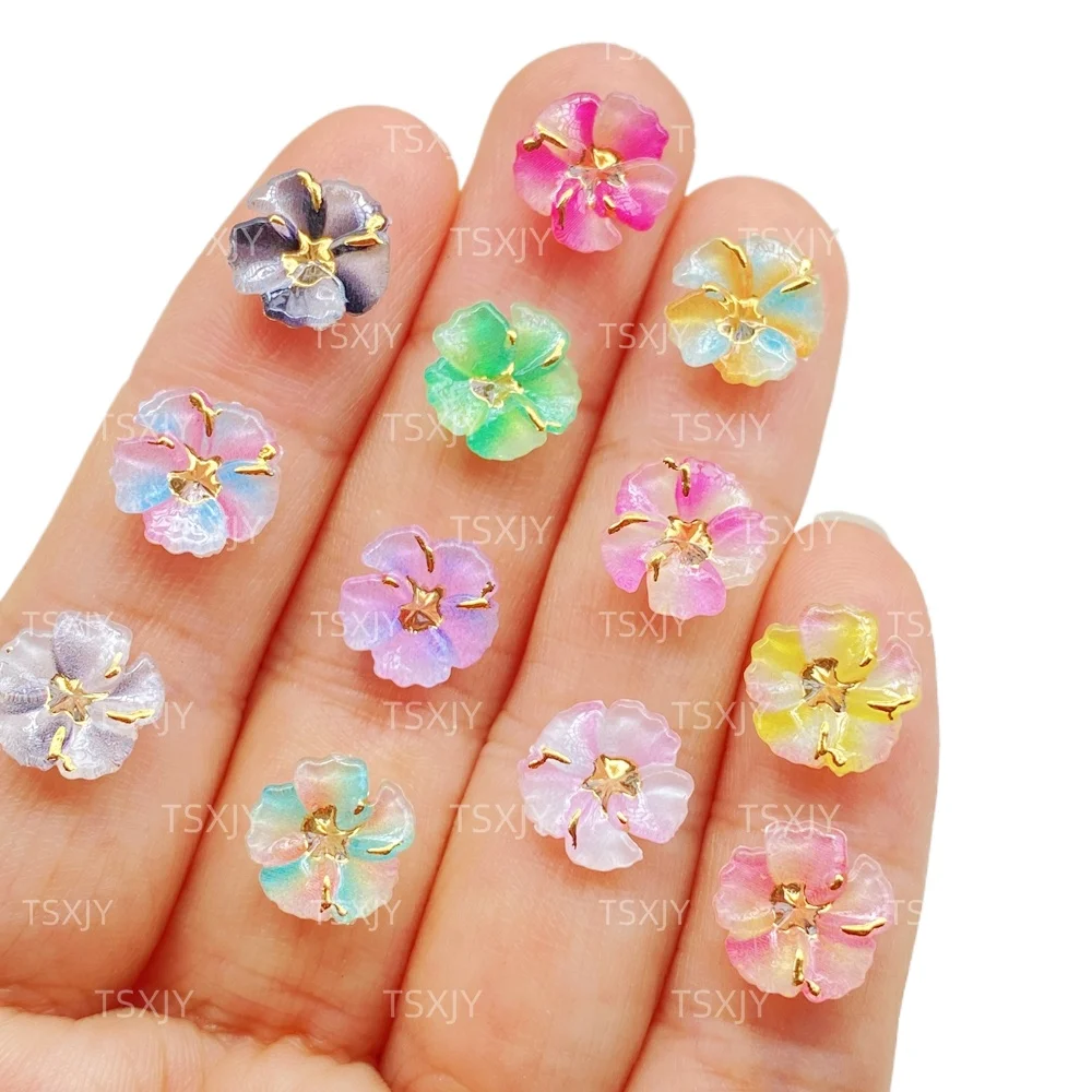 40Pcs Cute Mini Colorful gold edged flowers Nail Art Resin Designer Charms DIY 3D Decorations Jewelry