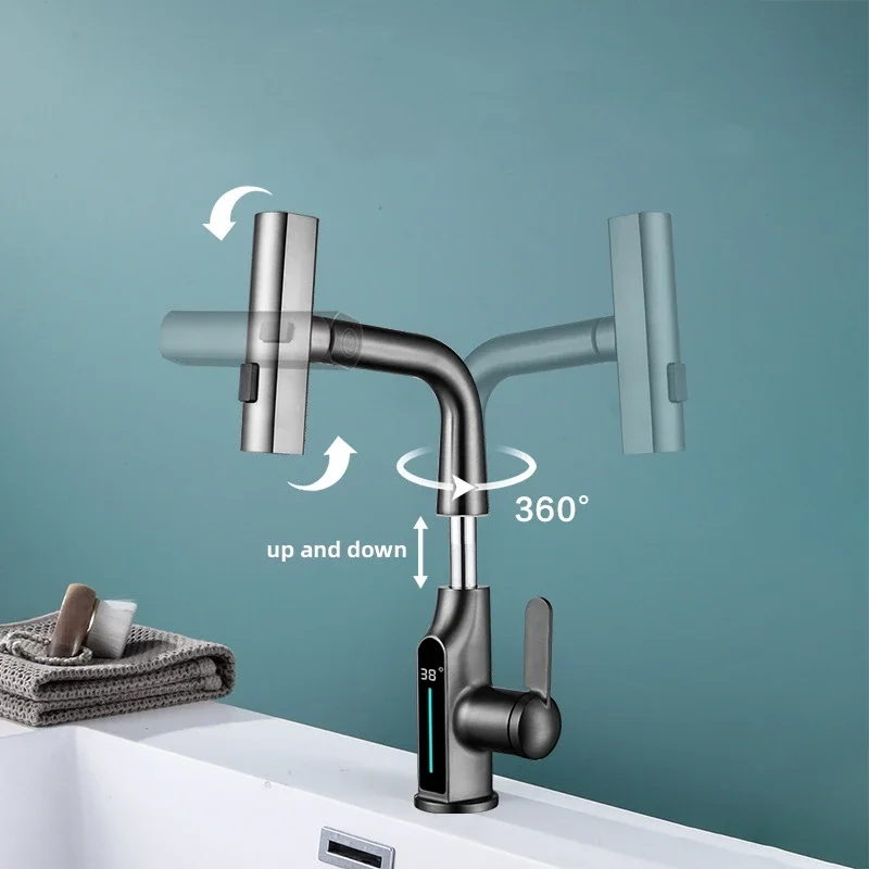 Temperature Digital Display Waterfall Basin Faucet Lift Up Down 3 Modes Stream Sprayer Hot Cold Water Sink Mixer Wash Tap