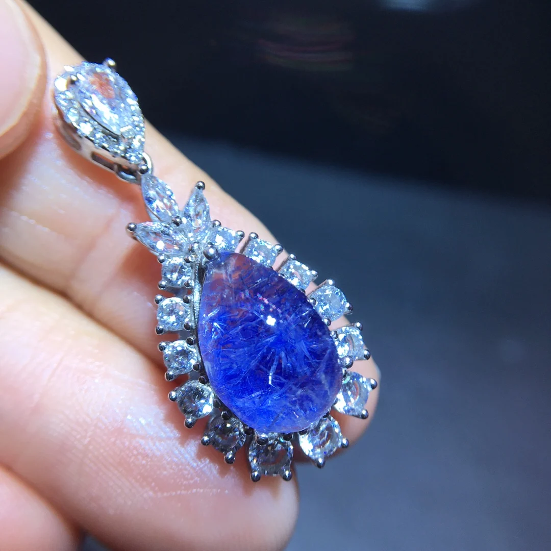 

Natural Blue Rutilated Dumortierite Quartz Pendant 13/8.5mm Clear Flower Necklace Gold Jewelry AAAAAAA