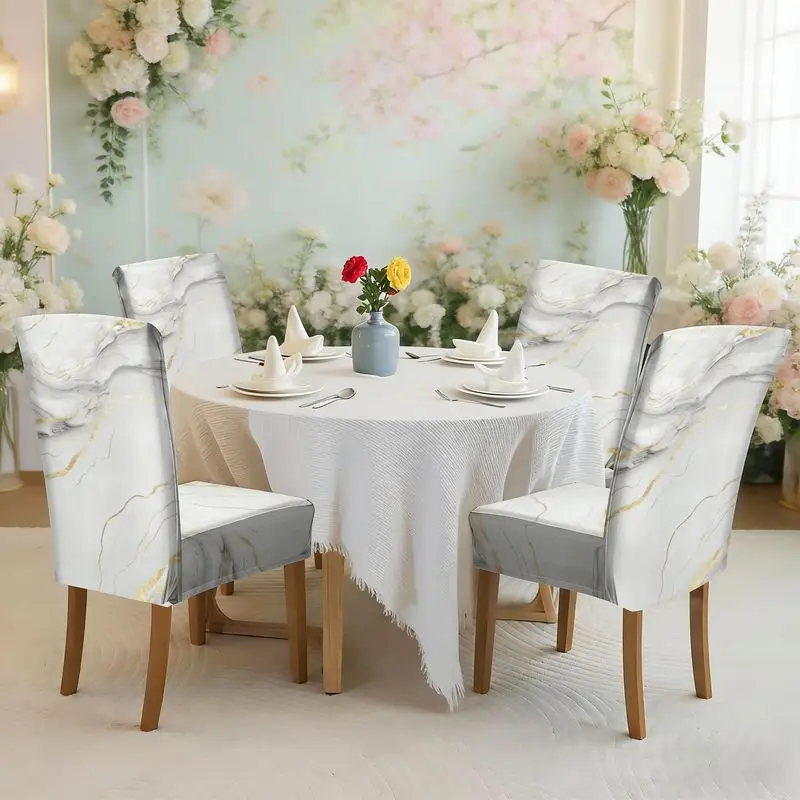 Flat print stretch dining chair cover set White marble pattern, easy to install, washable, chair cover