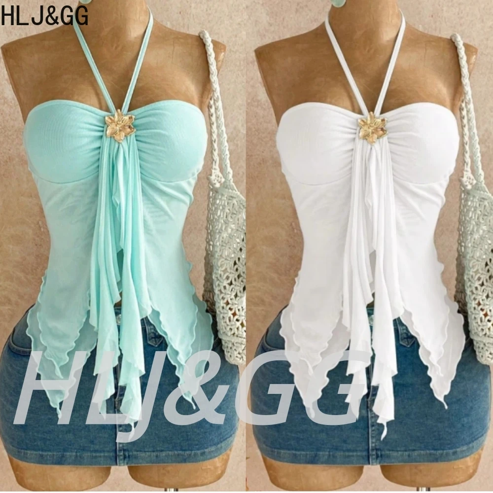 

HLJ&GG Summer New Vacation Style Halter Irregular Slim Tank Tops Women V Neck Sleeveless Ruched Bandage Vests Fashion Mesh Tops