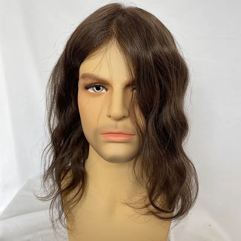 12Inch Mannen Pruiken Volledige Skin Pu Base Lange Menselijk Haar Mannen Toupet Natuurlijke Haarlijn Mannen Toupet Steil Golvend 8X10 3 # Bruin Colror