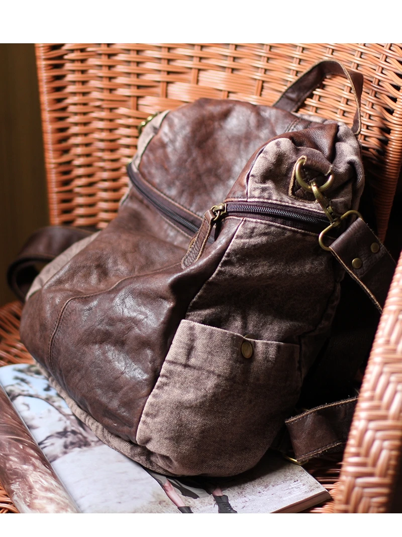 

Vintage designer handmade genuine leather denim women's backpack casual outdoor travel first layer cowhide female bagpack