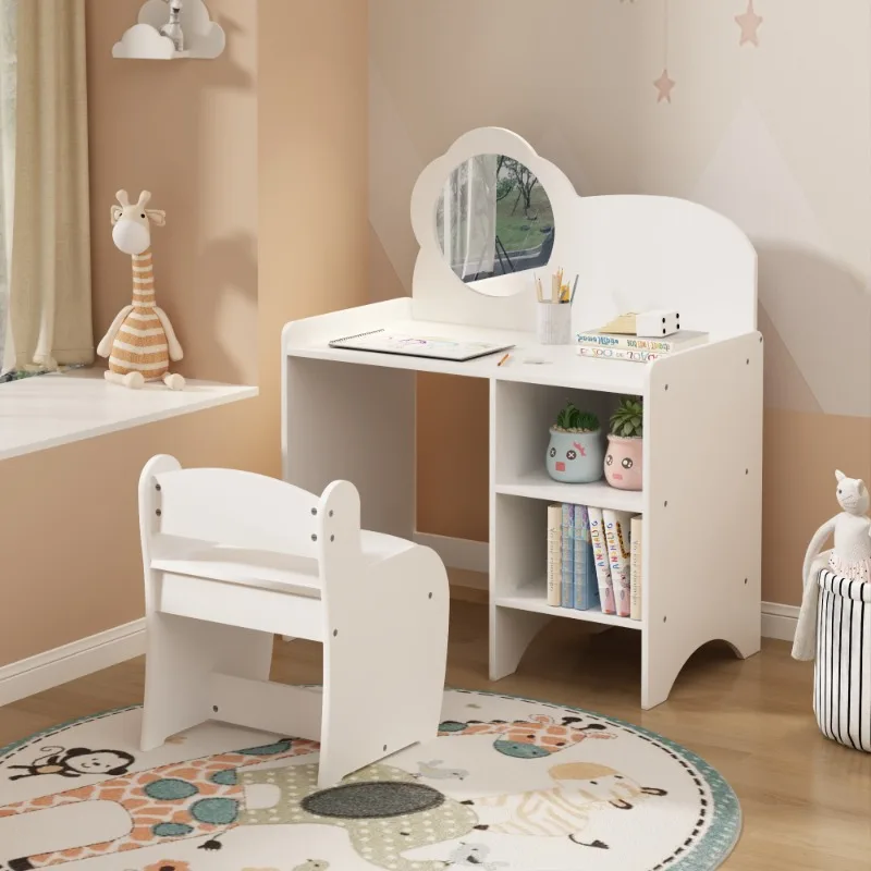 

Детский туалетный столик с зеркалом и стулом, деревянный детский туалетный столик со стеллажем для хранения, учебный стол, детская мебель
