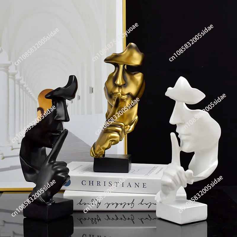 30cm Abstract Silence Is Golden Figurine Resin Hand Face Silent Men Statue Sculpture Living Room Home Office Decoration