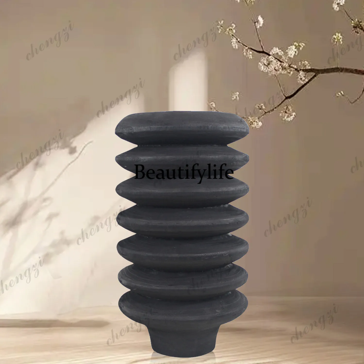 Export Wabi Stillwind Carbonized Wood Flower Ornament Studio Entrance Solid Wood Vase with Dried Flowers