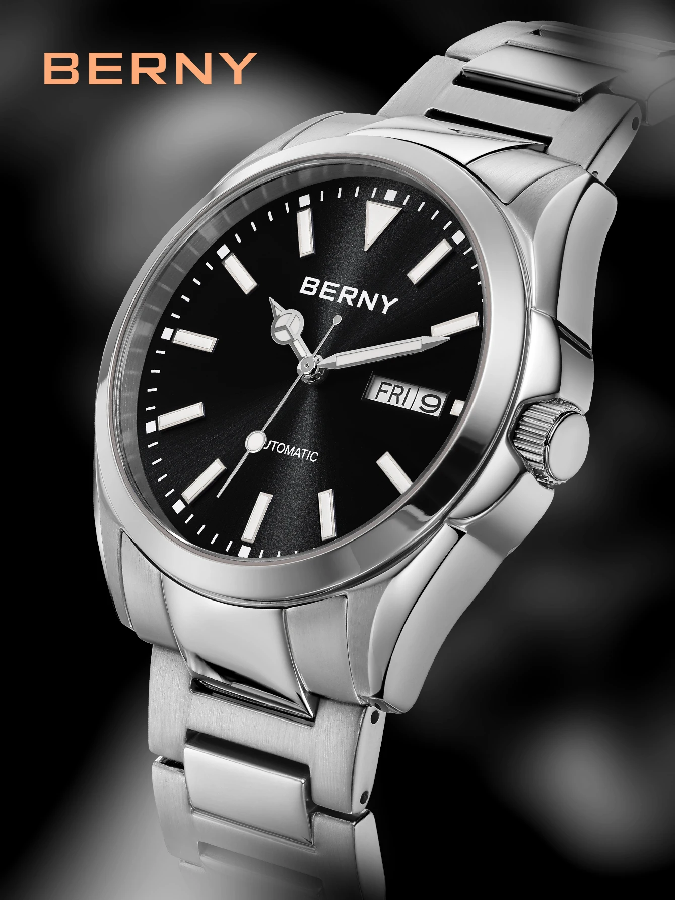 BERNY Automatikuhren für Herren, superleuchtend, Datum und Woche, mechanische Herrenuhr, komplett aus Edelstahl, Armbanduhr NH36, Saphir – Detail 11