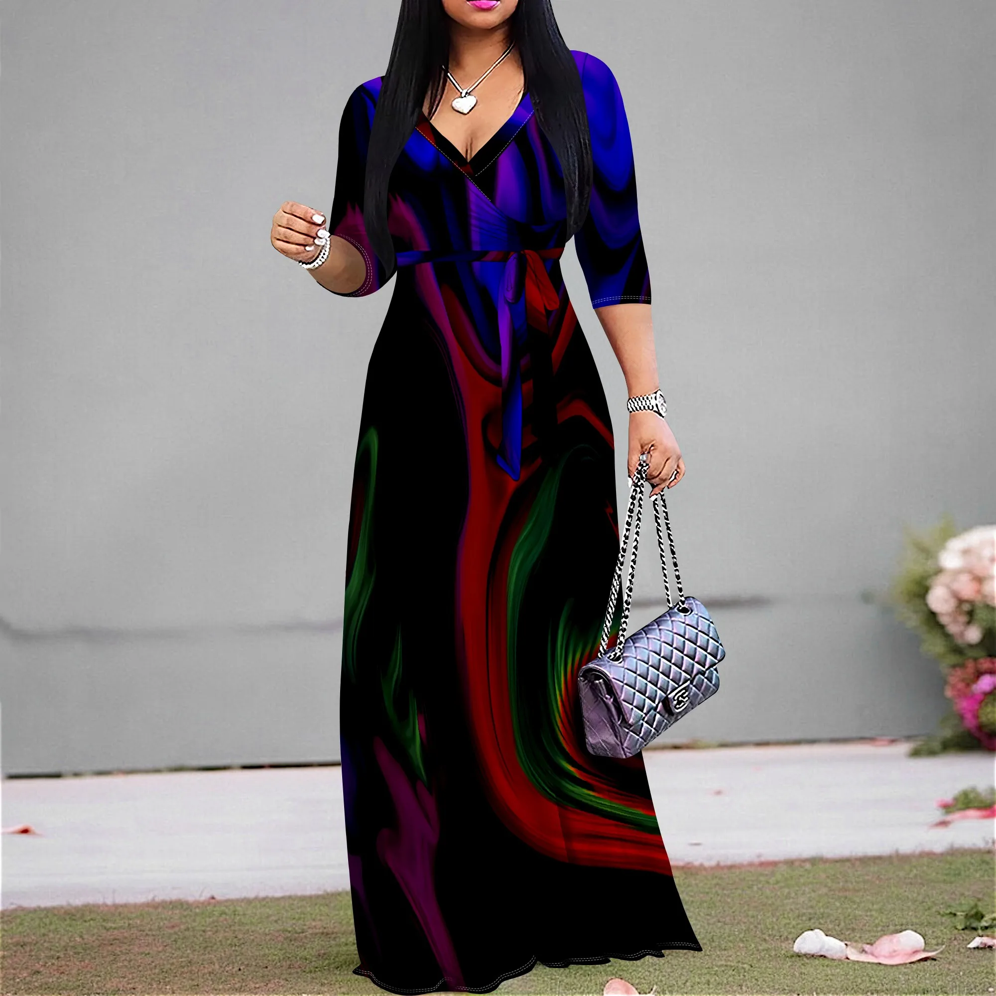 

Colorful Abstract Print Tie Waist Maxi Dress S-3XL | Stylish Women’s Dress for Parties, Dinners, and Holiday Celebrations