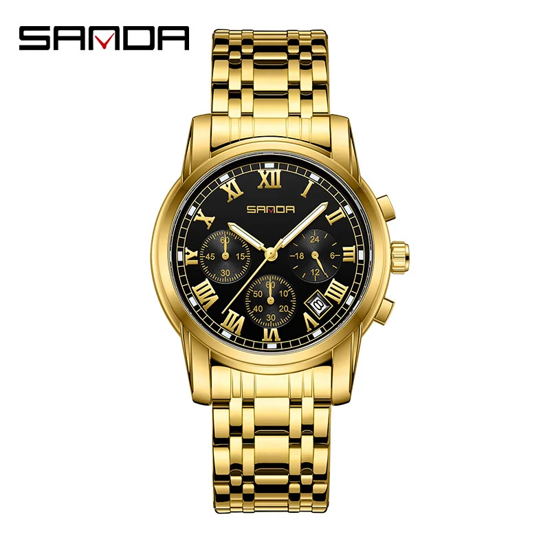 

Fashion Sanda Top Brand Quartz Watch Luxury Business Waterproof Luminous Chronograph Men 3 Eyes Full Stainless Steel Wrist Watch