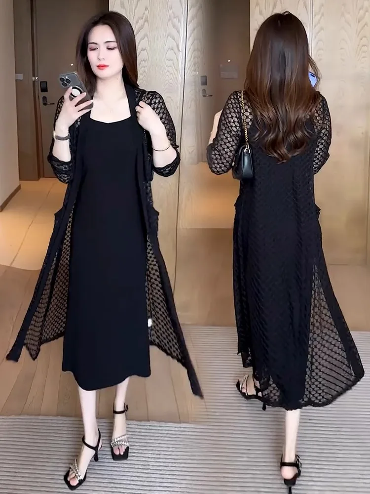 Summer New Women's Midi Dr Set Slimming Sunscreen Outer awl Strap Dr Two-Piece Set Casual Sle Floral Hollow out