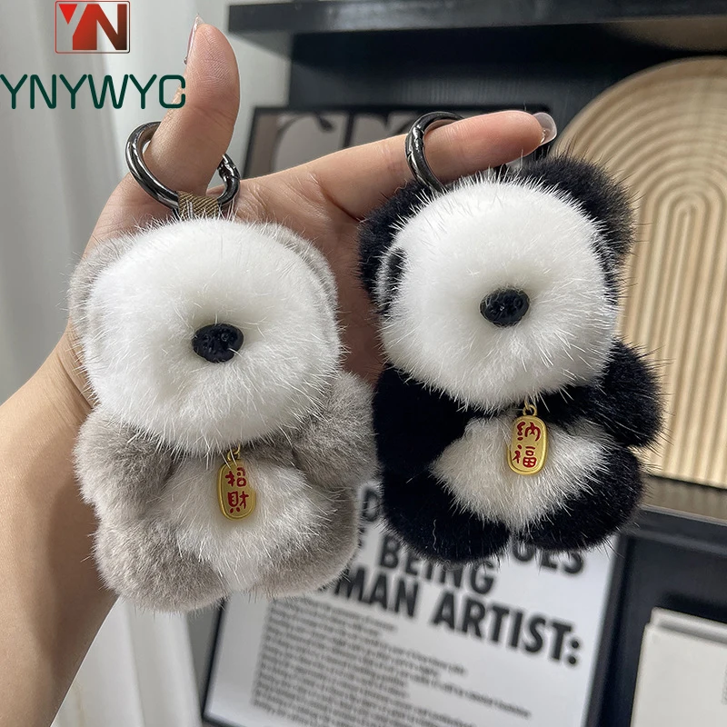 

Cute Real Mink Fur Keychain Plush Panda Pendant Kids Toy Women Bag Charm Trinkets Car Metal Key Rings Rear View Mirror Ornaments