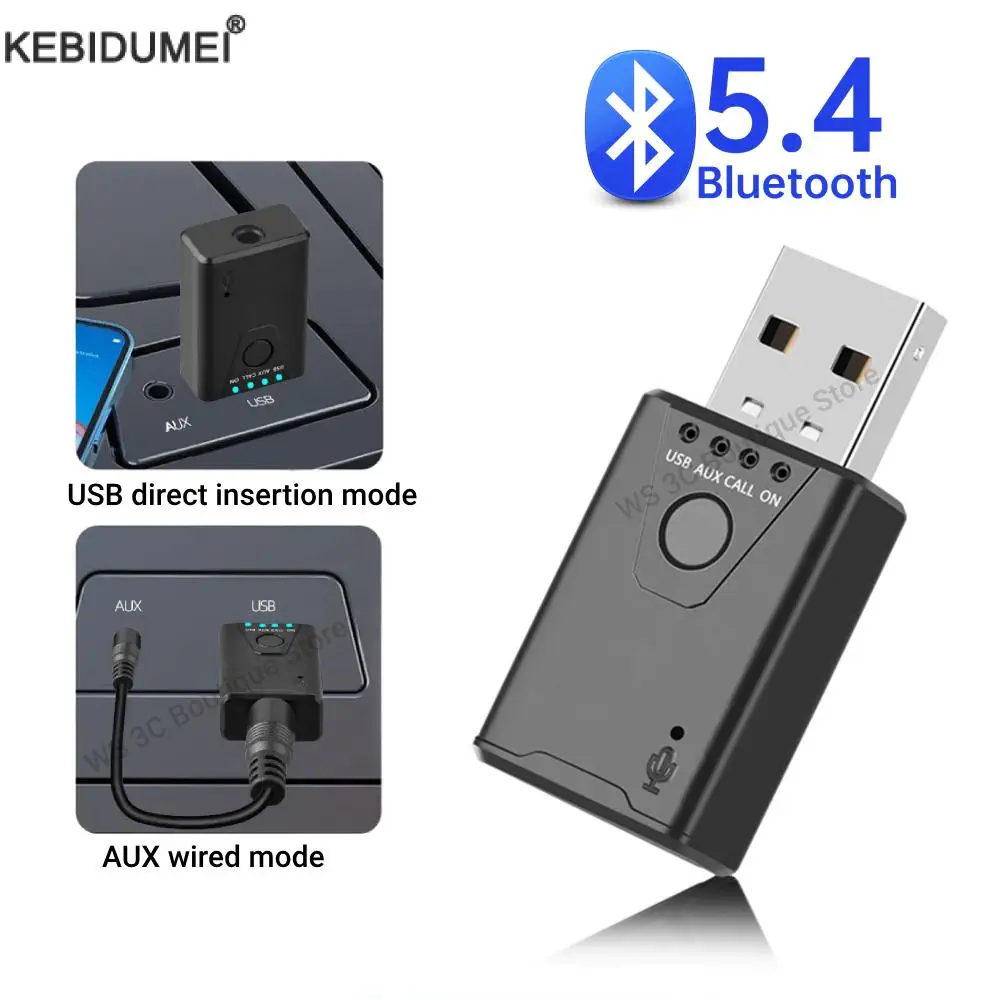 Bluetooth 5.4 Audio Receiver Transmitter USB To 3.5mm AUX Car Wireless Music Adapter With MIC for Car Kit TV PC Headphone