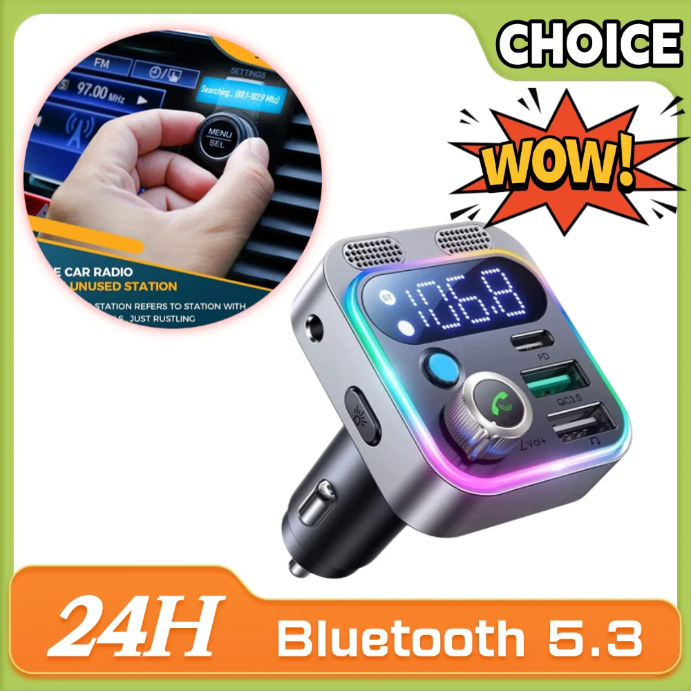 

НОВЫЙ FM-передатчик Bluetooth 5,3 для автомобиля, более сильный двойной микрофон, глубокий бас, звук, 48 Вт, автомобильное зарядное устройство PD и QC3.0, адаптер Bluetooth