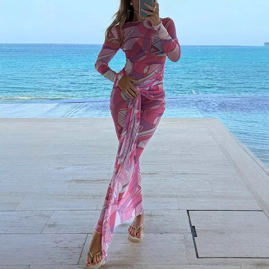 

Fashion Print Mesh Long Dresses Women See Through Beach Vacation Dress Package Hip Slim Leace-up Rose Red Maxi Vestidos 2025 New