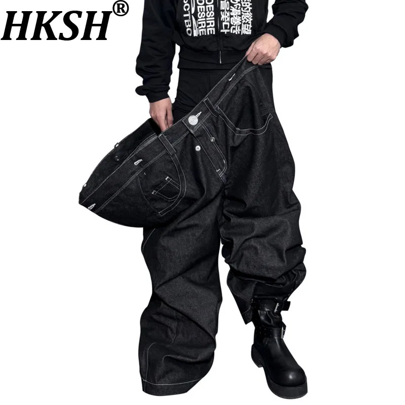 HKSH 2026 Spring Autumn Winter New Men Dark Punk Oversized Button Fold Wide Leg Baggy Denim Pants Chic Ins Vintage Jeans HK17720