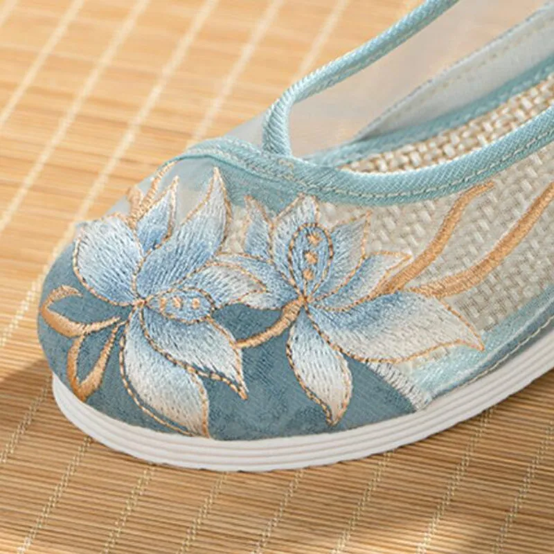 Women Air Mesh Embroidered Summer Shoes Ethnic Mary Jane Dress Pumps Internal Height Increased Ladies Retro Breathable Sandals