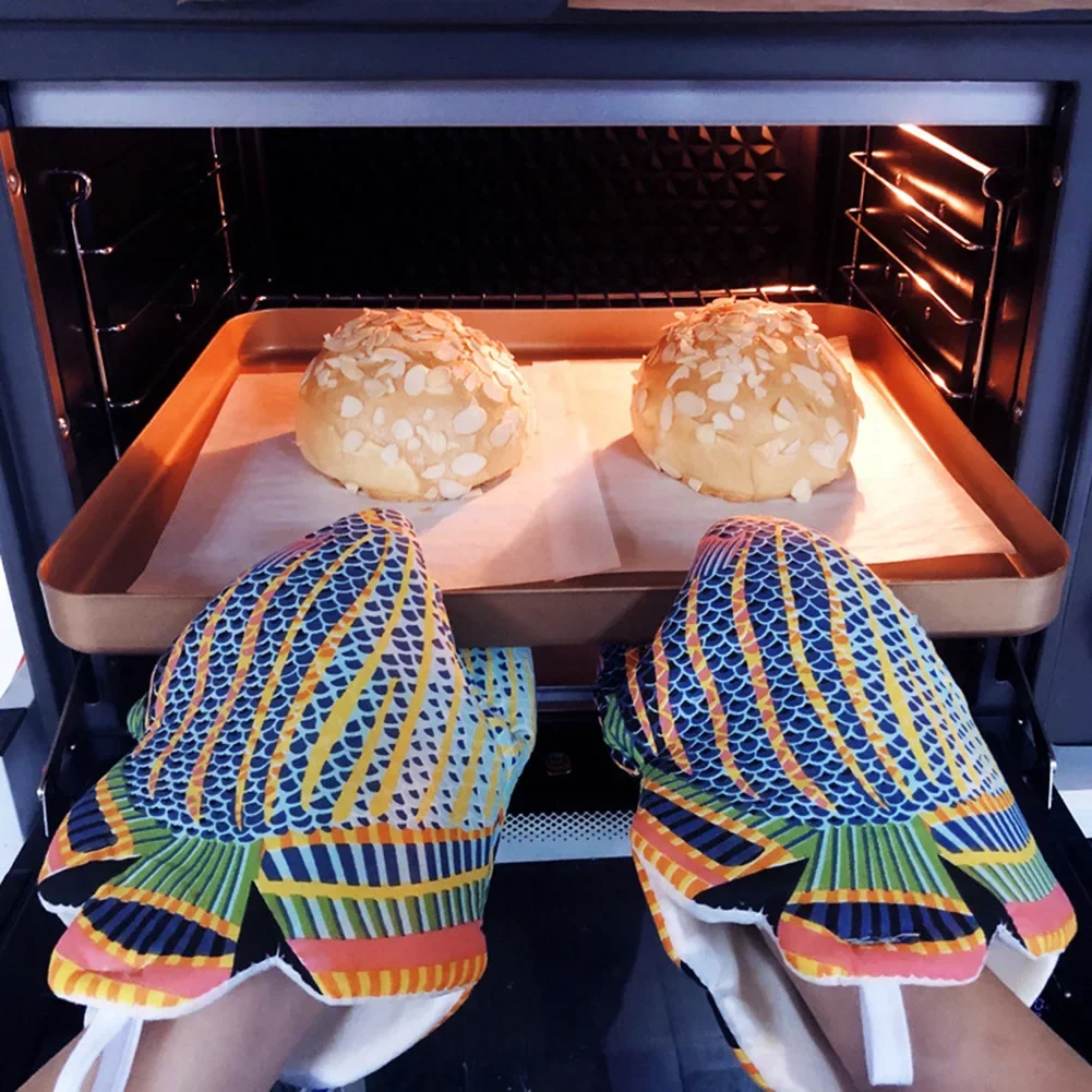 1Pc Colorful Fish Shape Oven Mitts Non-slip Anti-scalding Kitchen Glove Long Cotton Heat Resistant Baking Oven Mitten