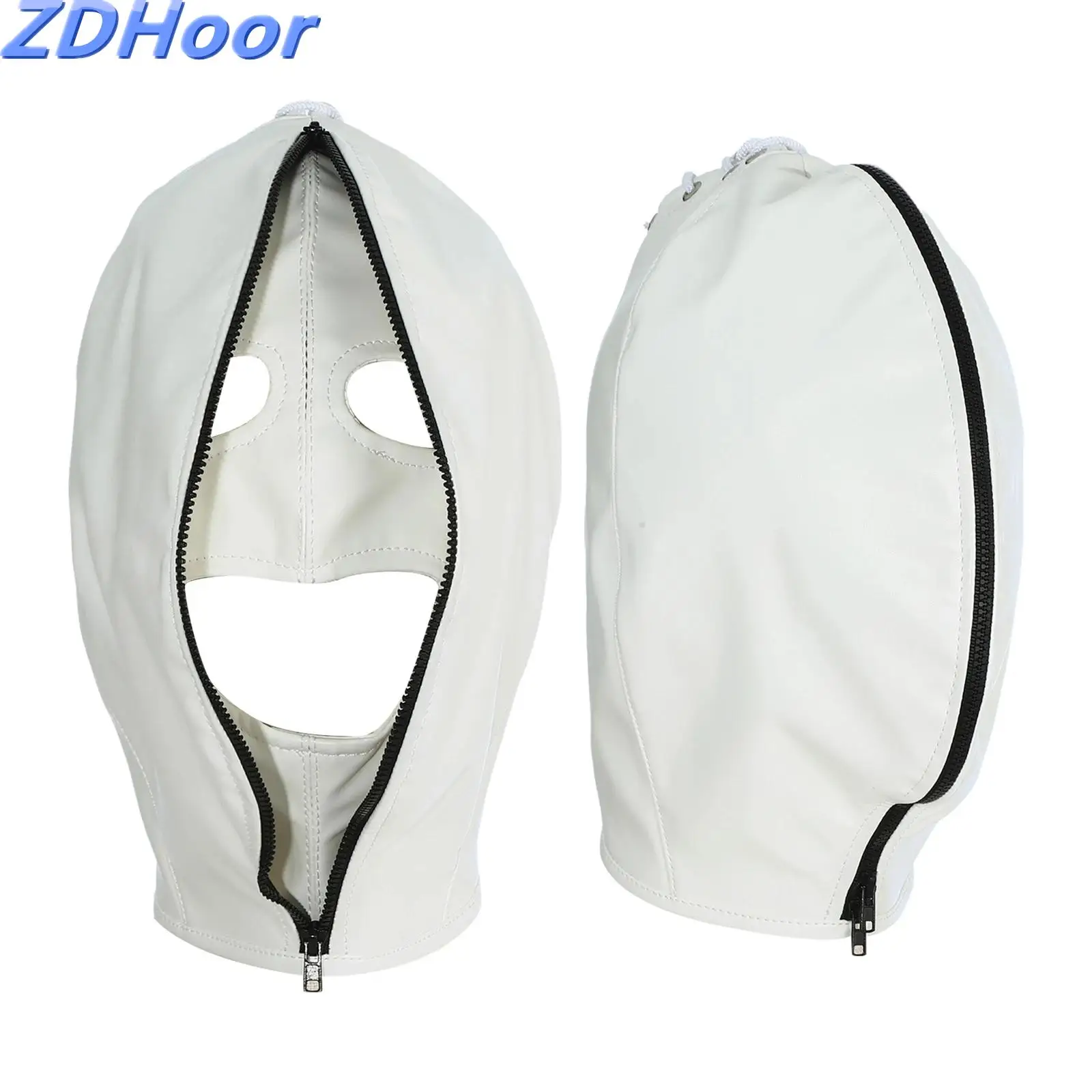 

Double Layer Headgear Masks Full Face Zipper Restraint Head Hood Back Adjustable Lace-Up Design Leather Bondage Masks