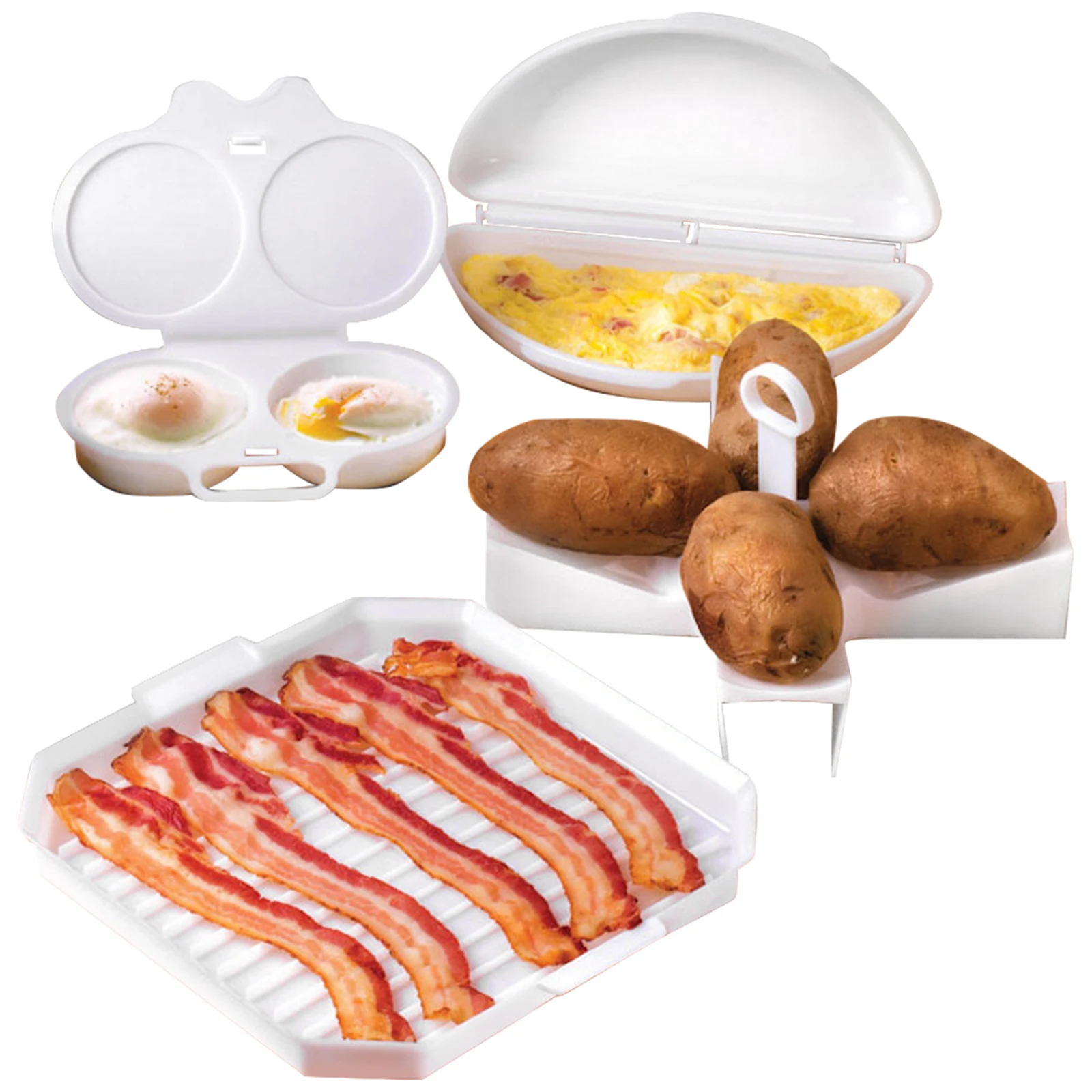 4Pcs Microwave Cooking Set Oven Cookware Set with Bacon Baking Plate Egg Steamer Fried Egg Box Potato Rack BPA Free for Kitchen