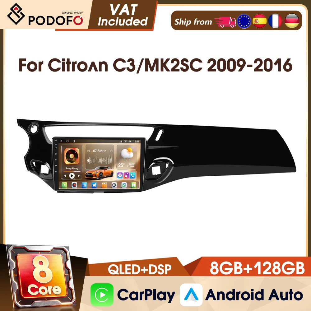 Podofo 2 Din 8 Core 8+128G 9" Kabelloses CarPlay Autoradio für Citroën C3/MK2SC 2009-2016 Autoradio Android Auto FM RDS WIFI GPS DAB Auto-Multimedia-Videoplayer